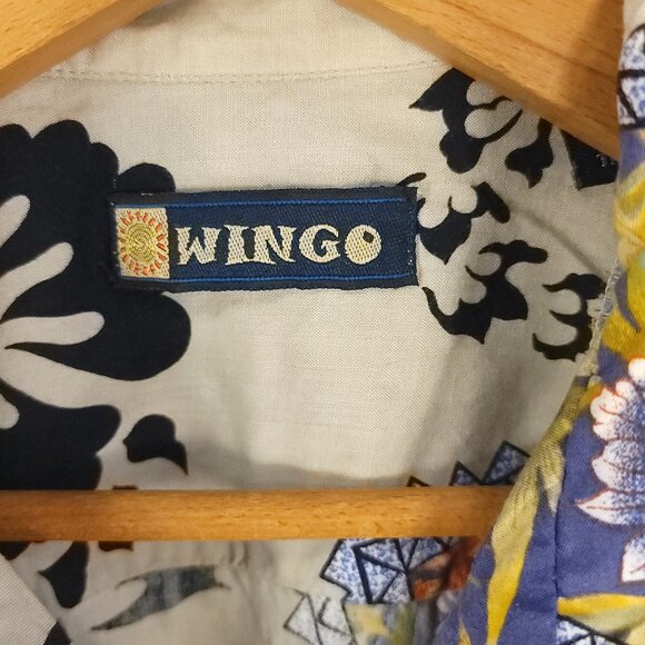 Vtg Wingo Hawaiian Button Front Shirt Men's Med Beige Black Floral Geometric - Picture 3 of 7